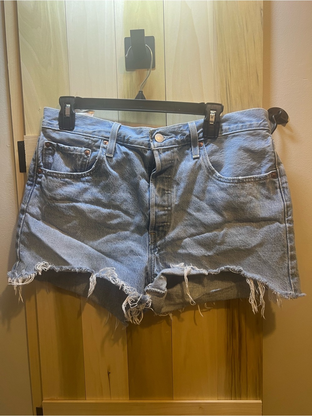 Levi's Light Blue Frayed Hem High-Rise Denim Shorts
